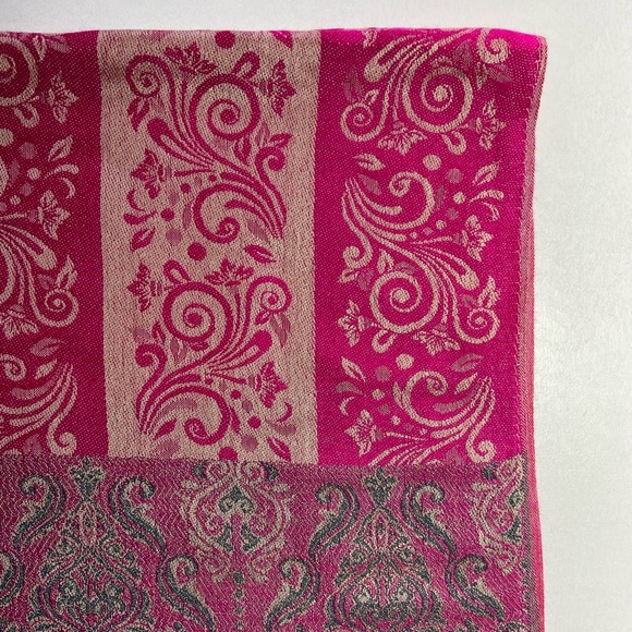 Pashmina Cashmere Scarf Wrap Rich Pink, Cream, Sage w/ Tassels Excellent Vintage - Picture 4 of 14